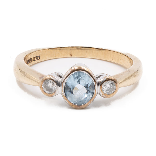 Anello vintage in oro giallo 9k con diamanti (0,08ctw) e acquamarina (0,30ct)