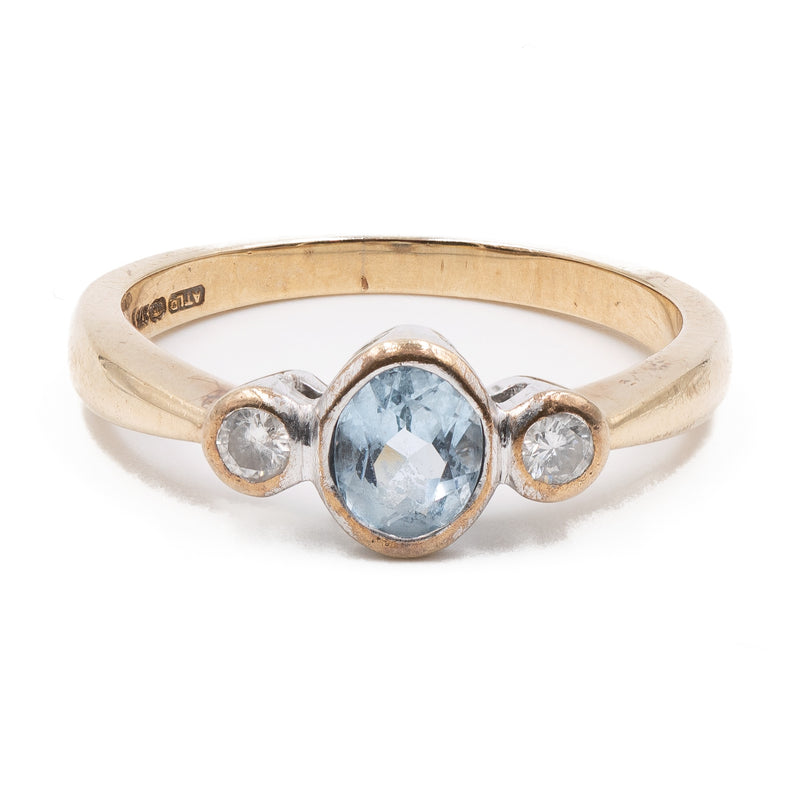 Bague Vintage Or Jaune 9 Carats Avec Aigue-marine Et Diamants - Taille UK I (I1/2 FR), Serti, 16 Diamants - Occasion