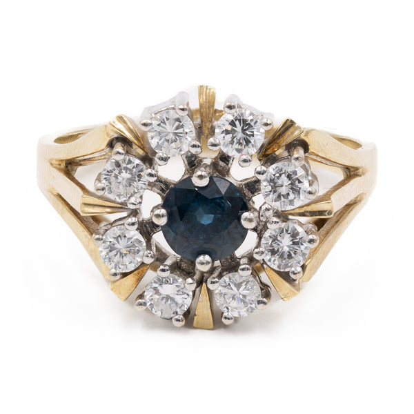 Anello vintage a margherita in oro giallo 14k con zaffiro (0,60ct) e diamanti (0,64ctw), anni '70