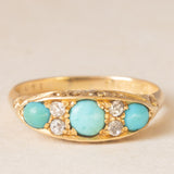 Anello antico edoardiano in oro giallo 18K con turchesi e diamanti di taglio vecchia miniera(0.12ctw ca.), anno 1907