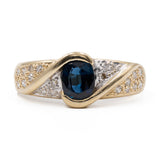 Anello vintage in oro giallo 14k con zaffiro (0,70ct) e diamanti (0,20ctw), anni '70