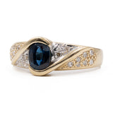 Anello vintage in oro giallo 14k con zaffiro (0,70ct) e diamanti (0,20ctw), anni '70