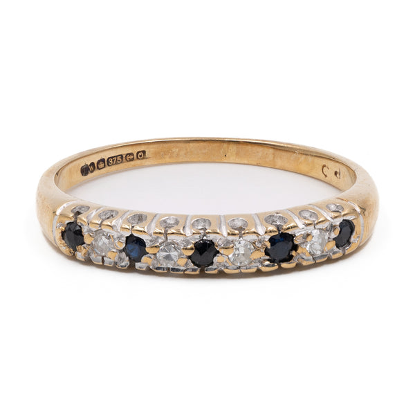 Anello vintage a veretta in oro giallo 9k con zaffiri e diamanti