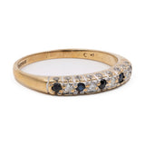 Anello vintage a veretta in oro giallo 9k con zaffiri e diamanti
