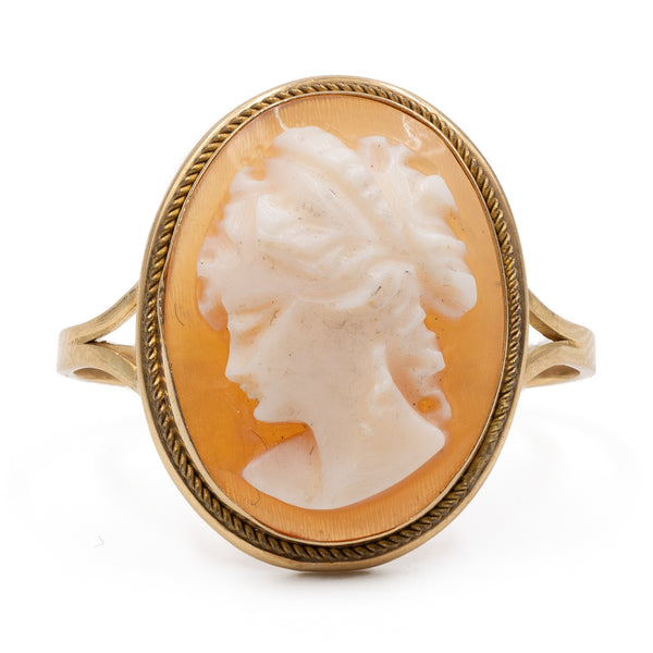 Anello vintage in oro giallo 18k con cammeo su conchiglia, anni '60