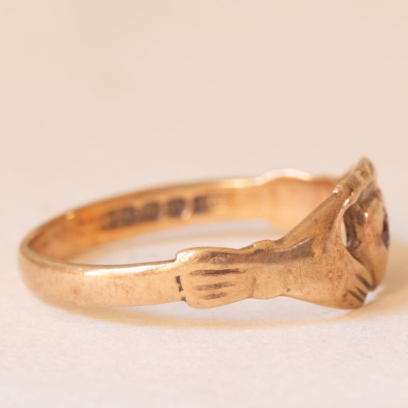 Anello Claddagh antico in oro giallo 9K con granato, anno 1934