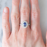 Anello a margherita vintage in platino con zaffiro (1.20ct) e diamanti (0.80ctw), anni ‘90