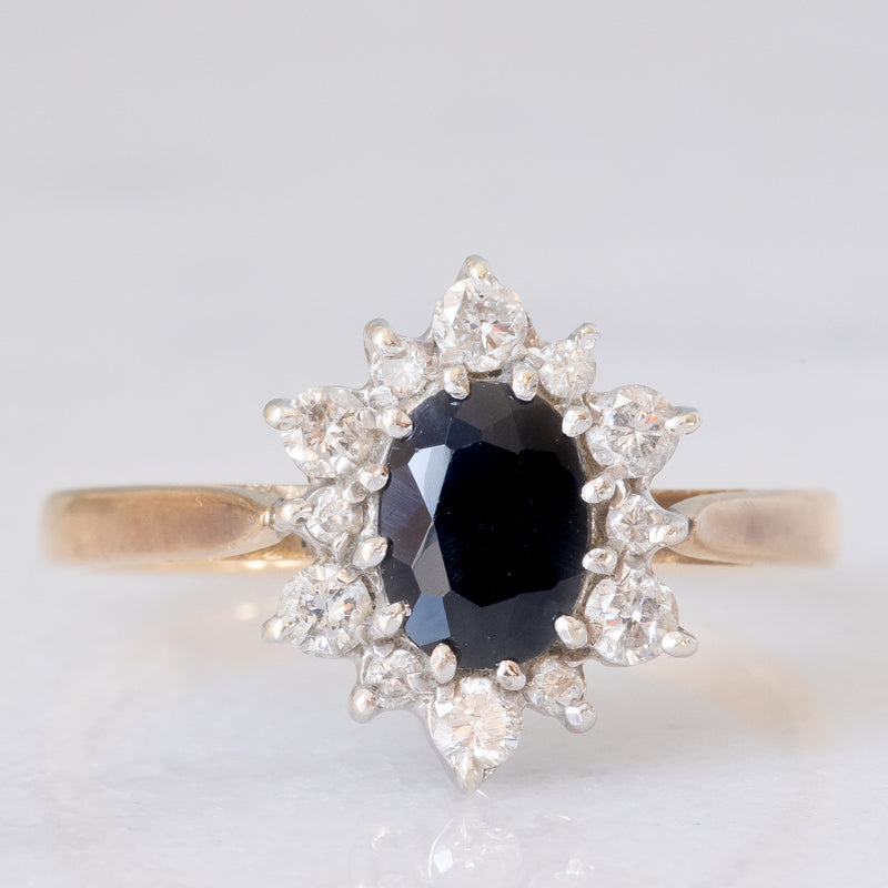 Anello a margherita vintage in oro giallo 9K con zaffiro (1ct ca.) e diamanti di taglio brillante (0.33ctw ca.), anno 1987