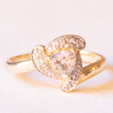 9K yellow and white gold ring with trillion-cut synthetic light pink sapphire (approx. 0.65ct) and white sapphires, 80s