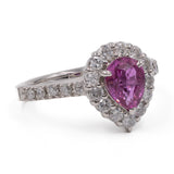 Anello vintage in platino 900 con zaffiro rosa a goccia (1,03ct)  e diamanti (0,70ctw)