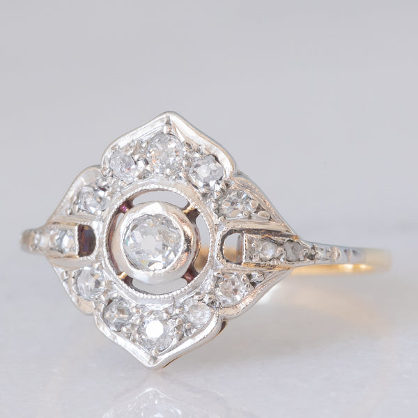 Anello Art Déco in oro giallo e bianco 14K con diamanti di taglio vecchia miniera e di taglio rosetta (0.30ctw ca.), anni ‘30