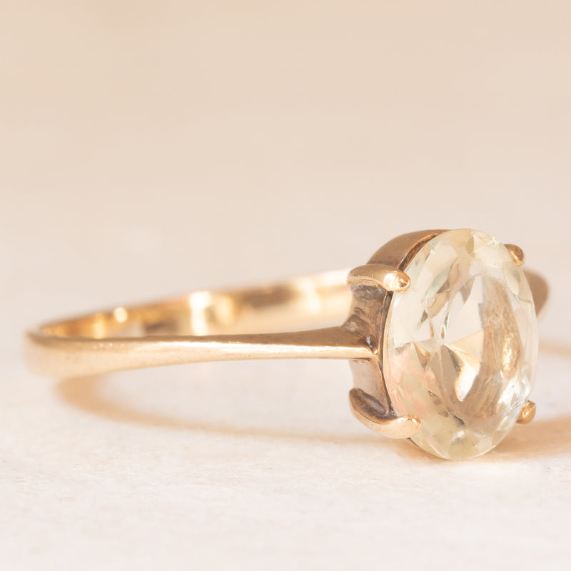 Solitario vintage in oro giallo 9K con quarzo citrino (1ct ca.), anno 1981