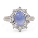 Anello vintage a margherita in platino 900 con zaffiro stellato (3,67ct) e diamanti (1,30ctw)