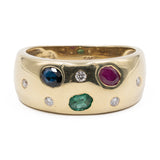 Bague vintage en or jaune 14 carats avec saphir, rubis, émeraude et diamants. Années 70