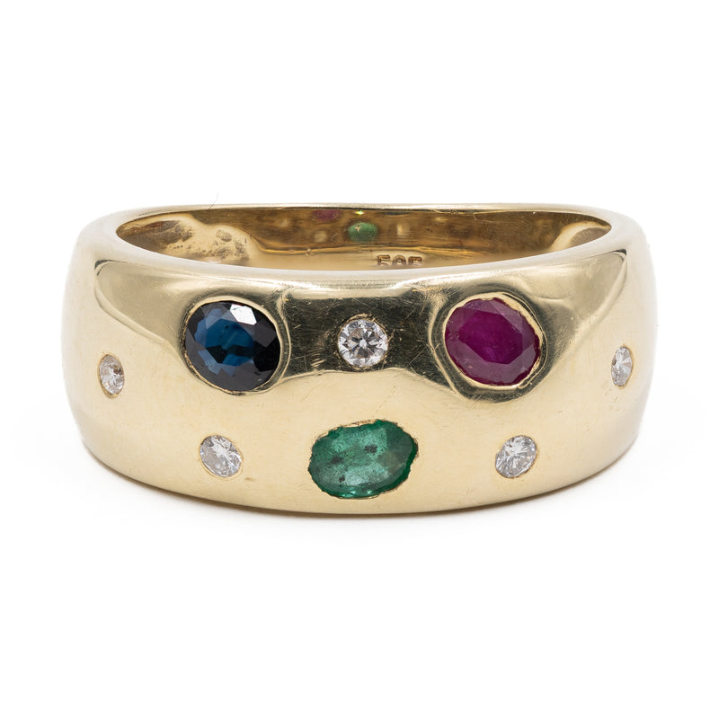 Anello vintage in oro giallo 14k con zaffiro, rubino, smeraldo e diamanti. anni '70