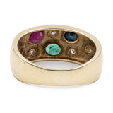 Bague vintage en or jaune 14 carats avec saphir, rubis, émeraude et diamants. Années 70