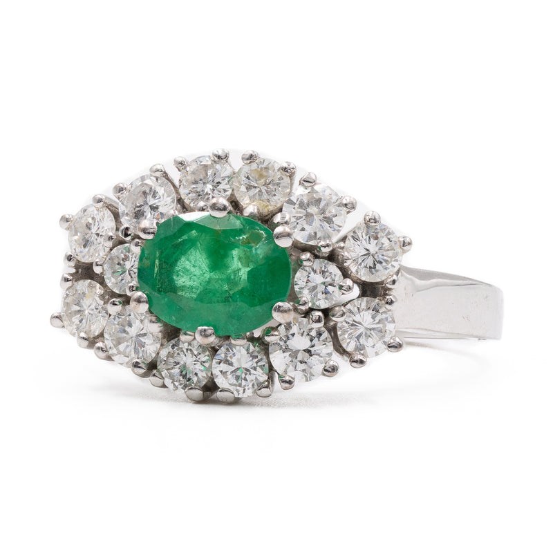 Anello vintage in oro bianco 18k con smeraldo (0,68ct) e diamanti (0,89ctw), anni '70