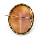 Spilla in oro giallo 14k con cammeo su conchiglia raffigurante Flora