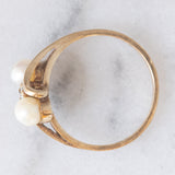 Trilogy vintage in oro giallo 9K con perle bianche e diamante di taglio huit-huit, anni ‘50/‘60