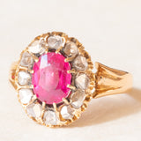 Antique 18K yellow gold daisy ring with synthetic ruby (1.60ct approx.) and rose cut diamonds (0.24ctw approx.), early 900s