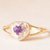 Anello vintage in oro giallo e bianco 9K con ametista (0.24ct ca.) e diamante, anni ‘70/‘80