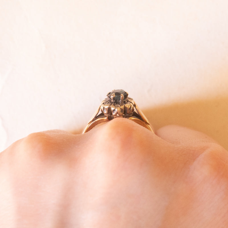 Anello a margherita vintage in oro giallo 9K con zaffiro
