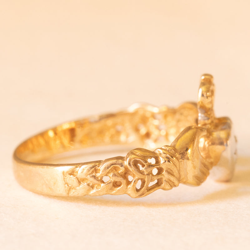 Anello Claddagh vintage in oro giallo e bianco 9K con cubic zirconia e con motivi celtici