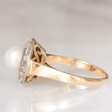 Anello a margherita antico in oro giallo 14K e argento con perla bianca e diamanti di taglio rosetta (0.24ctw ca.), anni ‘10