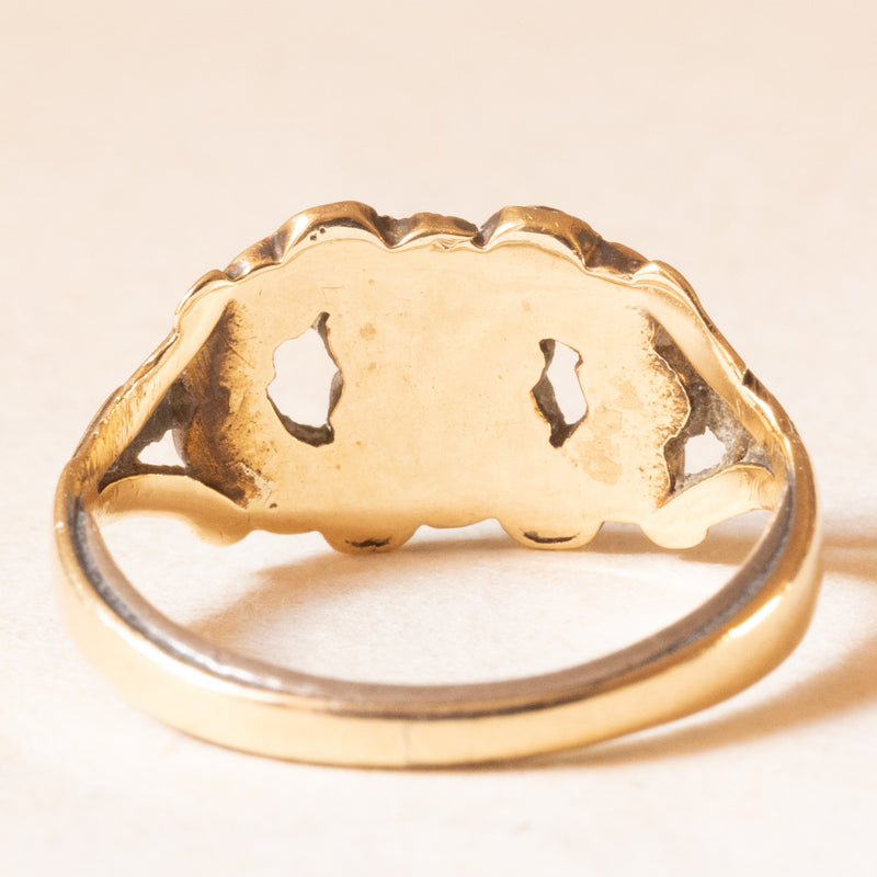 Anello a forma di infinito antico in oro giallo 8K con turchesi e granati, fine ‘800/primi del ‘900