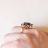 Anello a margherita vintage in oro giallo 10K con ametista (4ct ca.) e diamanti di taglio brillante (0.60ctw ca.), anni ‘60/‘70
