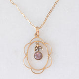 Pendente antico lavalier in oro giallo 9K con ametiste (0.18ct ca.) e perline bianche, anni ‘10/‘20