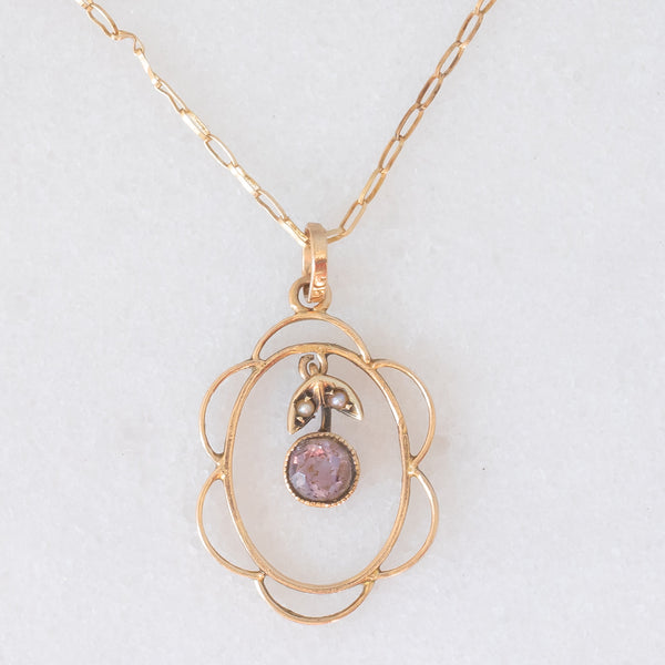 Pendente antico lavalier in oro giallo 9K con ametiste (0.18ct ca.) e perline bianche, anni ‘10/‘20