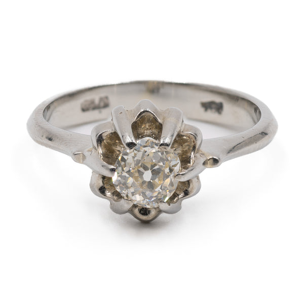 Anello vintage solitario in oro bianco 18k con diamante di taglio vecchio (0,45ct), anni '60