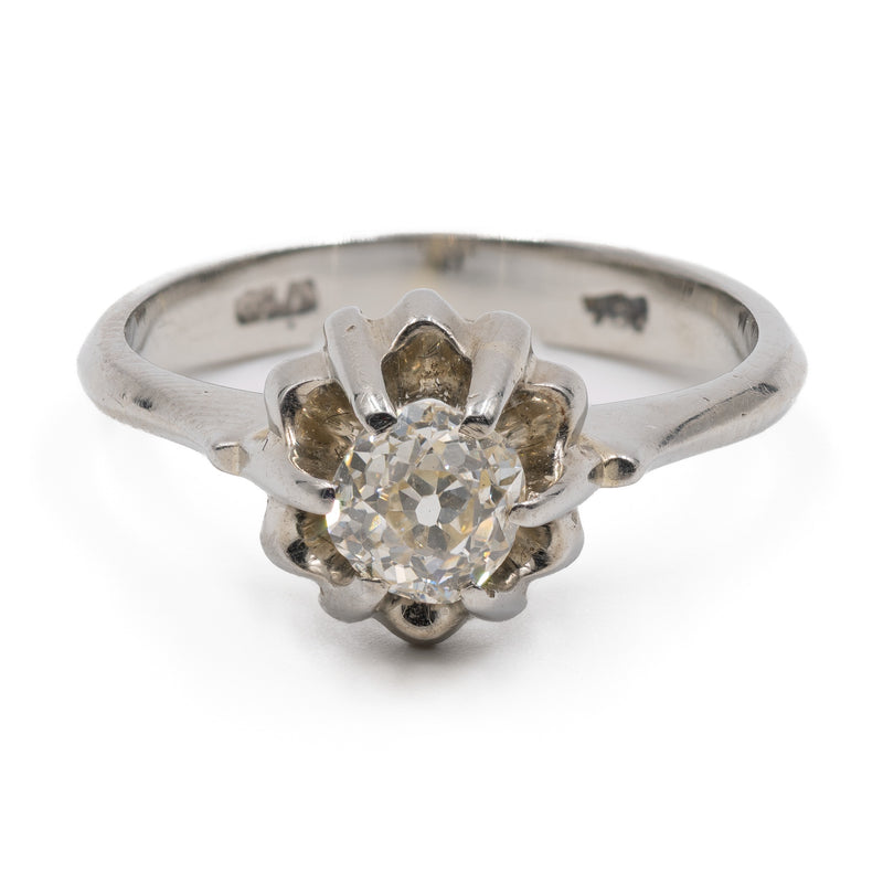 Anello vintage solitario in oro bianco 18k con diamante di taglio vecchio (0,45ct), anni '60