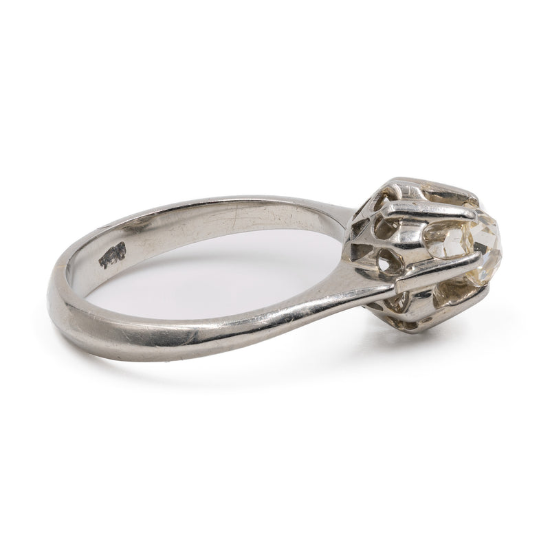 Anello vintage solitario in oro bianco 18k con diamante di taglio vecchio (0,45ct), anni '60