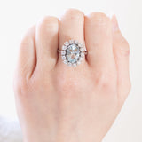 Vintage-Gänseblümchenring aus 18-karätigem Weißgold mit Aquamarin (ca. 3 Karat) und Diamanten im Brillantschliff (ca. 1 Karat), 70er/80er Jahre