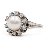 Anello vintage in oro bianco 14k con perla e diamanti (0,40ctw), anni '60