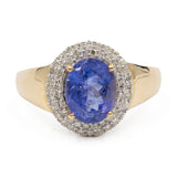 Anel vintage em ouro 14k com design de margarida, tanzanita (2,10 ct) e diamantes (0,30 ct no total), década de 80.