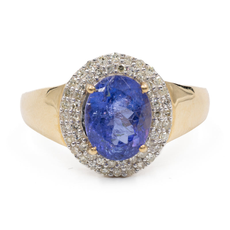 Anello vintage a margherita in oro 14k con tanzanite (2,10ct) e diamanti (0,30ctw), anni '80