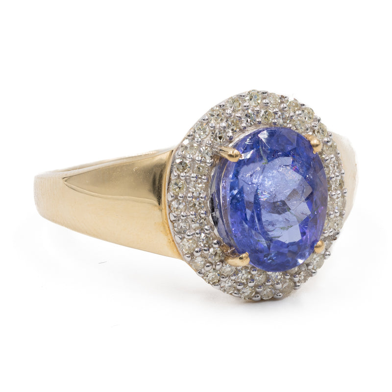 Anello vintage a margherita in oro 14k con tanzanite (2,10ct) e diamanti (0,30ctw), anni '80