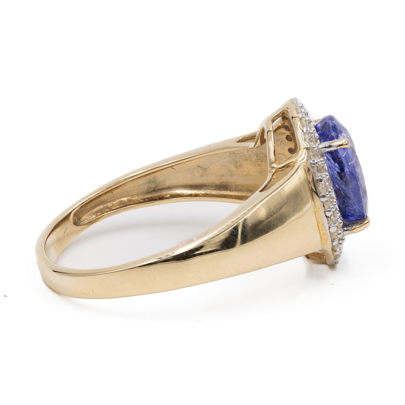 Anello vintage a margherita in oro 14k con tanzanite (2,10ct) e diamanti (0,30ctw), anni '80