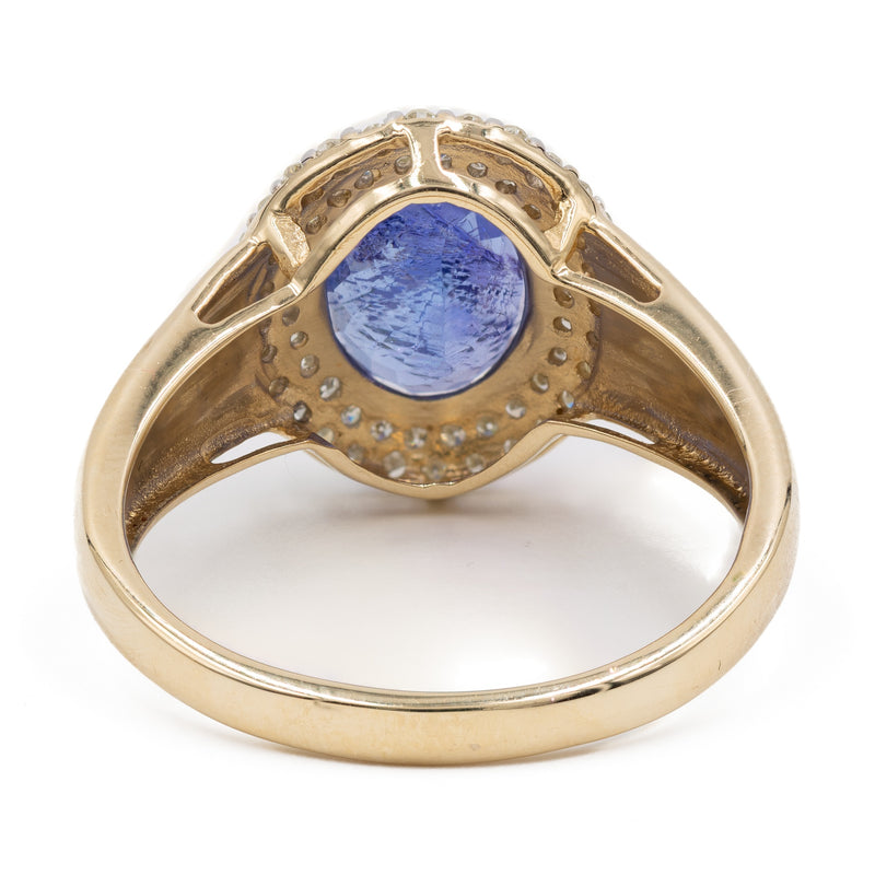 Anello vintage a margherita in oro 14k con tanzanite (2,10ct) e diamanti (0,30ctw), anni '80