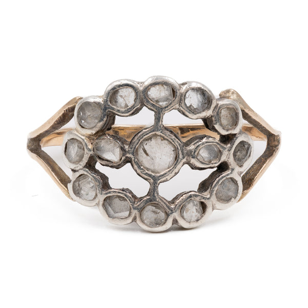 Anello antico in oro giallo 14k e argento con rosette, primi del '900