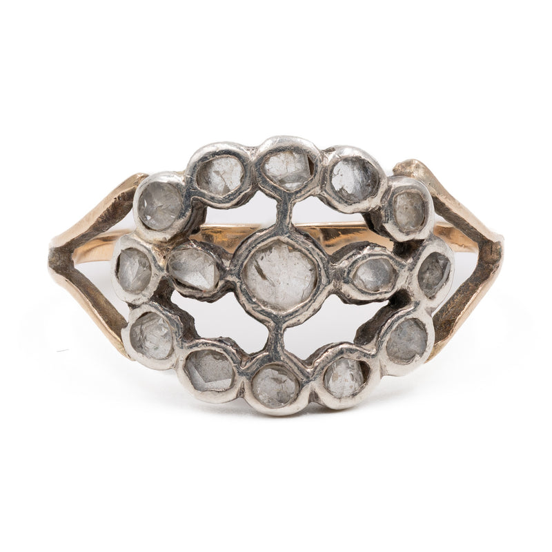 Anello antico in oro giallo 14k e argento con rosette, primi del '900