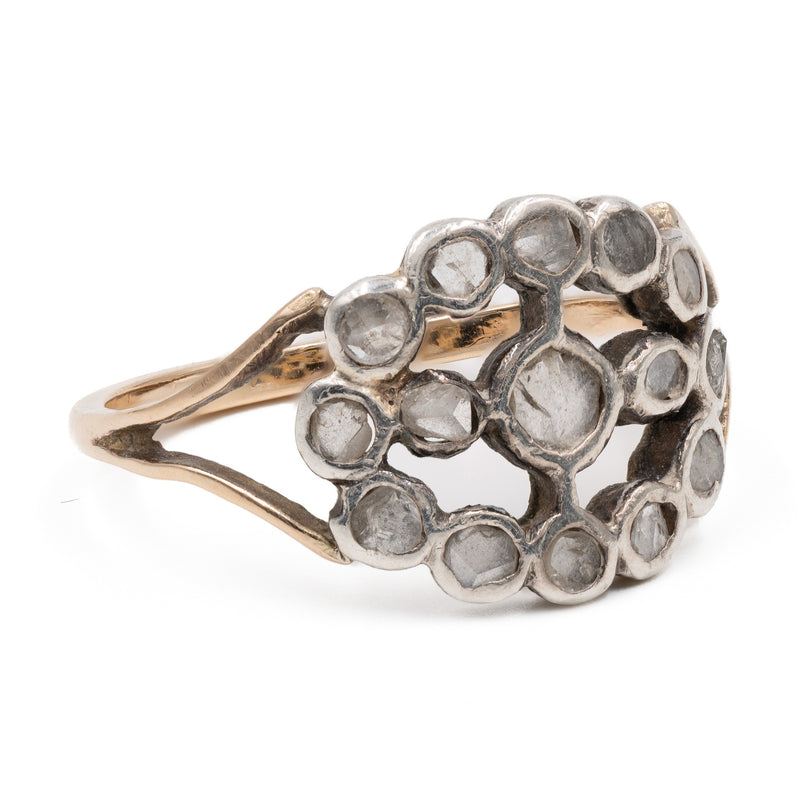 Anello antico in oro giallo 14k e argento con rosette, primi del '900