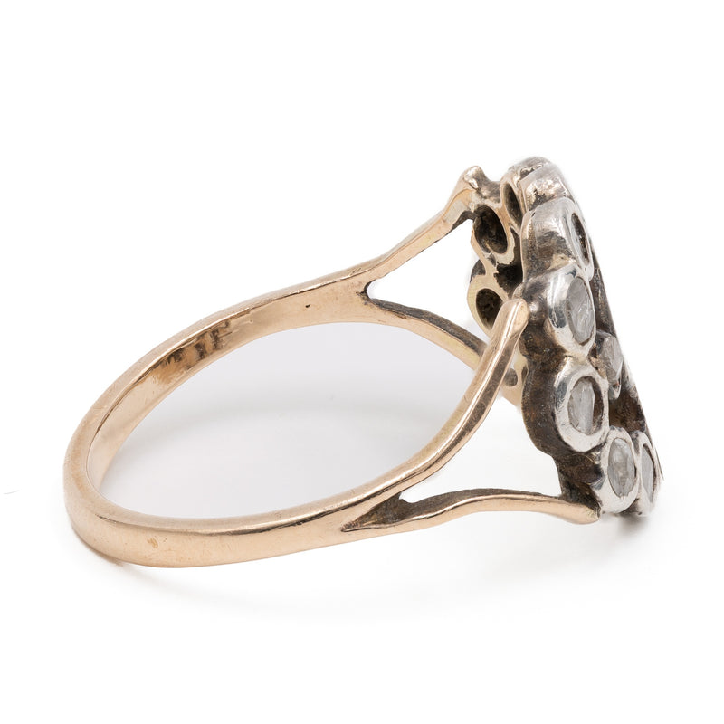 Anello antico in oro giallo 14k e argento con rosette, primi del '900