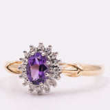 Anello a margherita vintage in oro giallo 9K con ametista (0.40ct ca.) e diamanti (0.16ctw ca.), anni ‘80/‘90