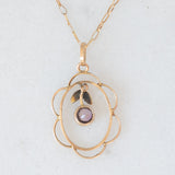 Pendente antico lavalier in oro giallo 9K con ametiste (0.18ct ca.) e perline bianche, anni ‘10/‘20