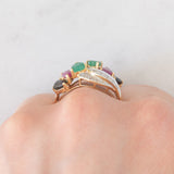 Anello vintage in oro giallo 14K con rubini, smeraldi, zaffiri e diamanti, anni ‘60/‘70