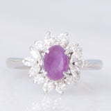 Anello a margherita vintage in platino con rubino (1.61ct) e diamanti (0.60ctw), anni ‘80/‘90